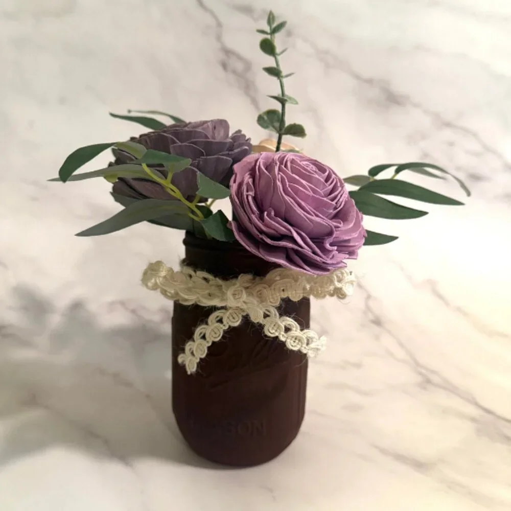 Cream and Purple Sola Wood Flower Arrangement in Burgundy Mason Jar, Home Decor